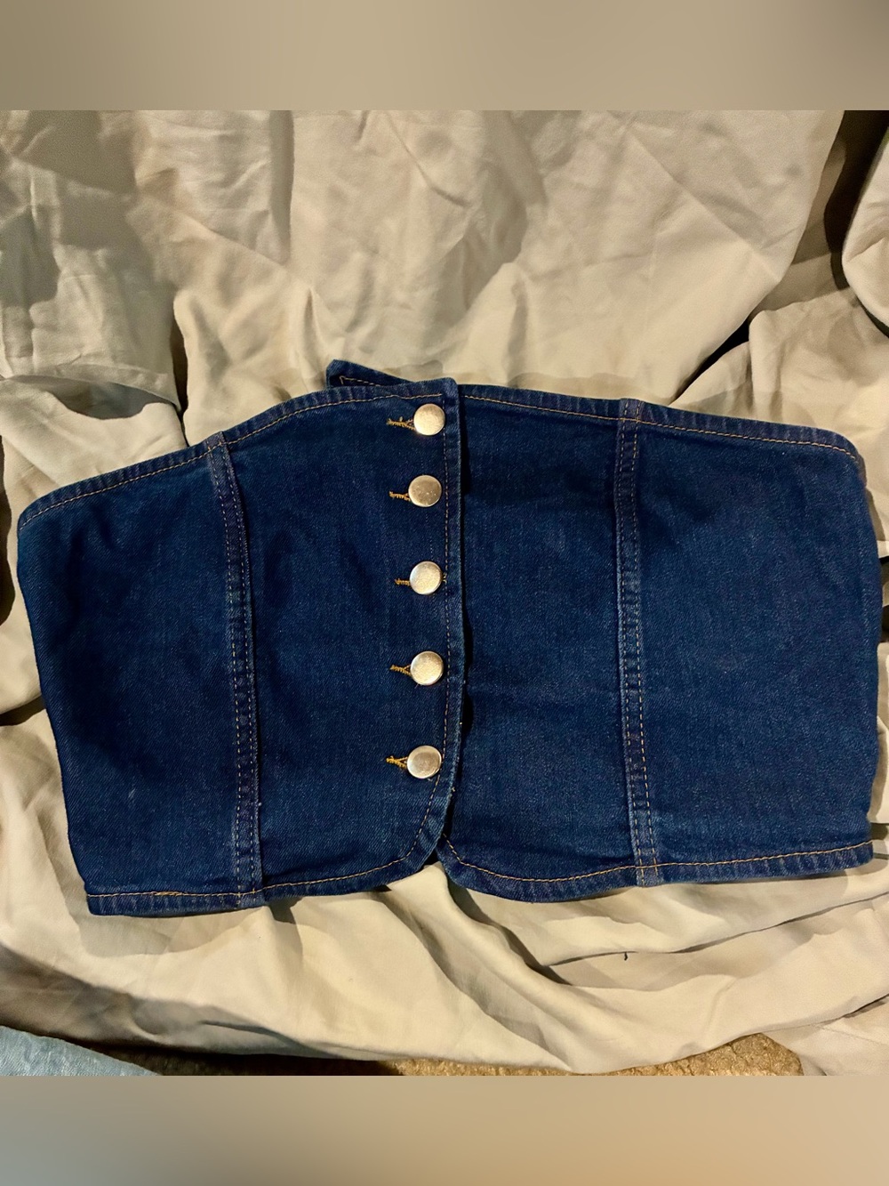 Denim Button-Front Strapless Corset Top - Dark Blue